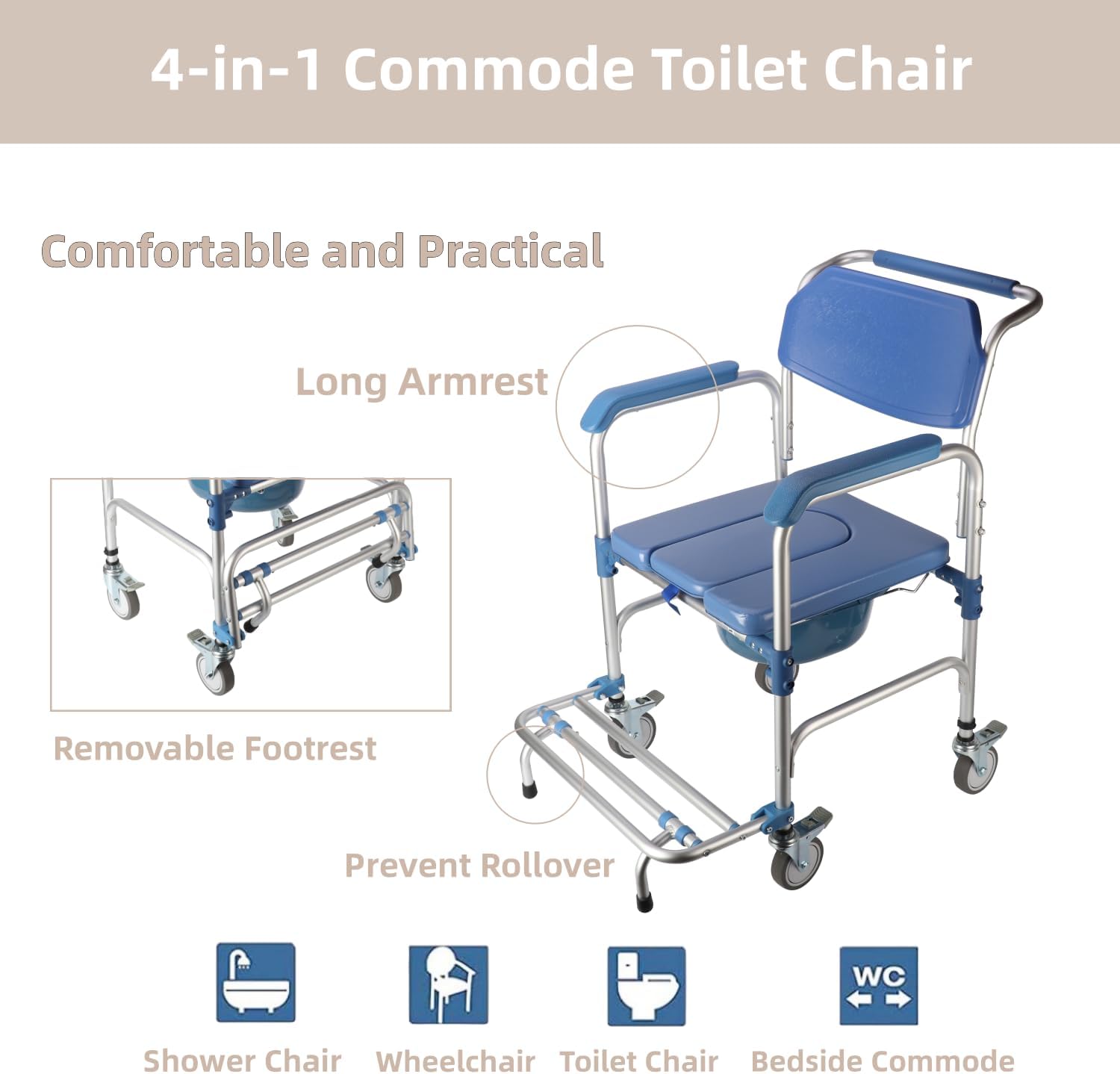 uyoyous Shower Commode Chair with Wheels Multi-Functional Rolling Shower Wheelchair with Soft Padded Waterproof Mobile Over Toilet Chair with 250 lbs Weight Capacity for Disable Injured