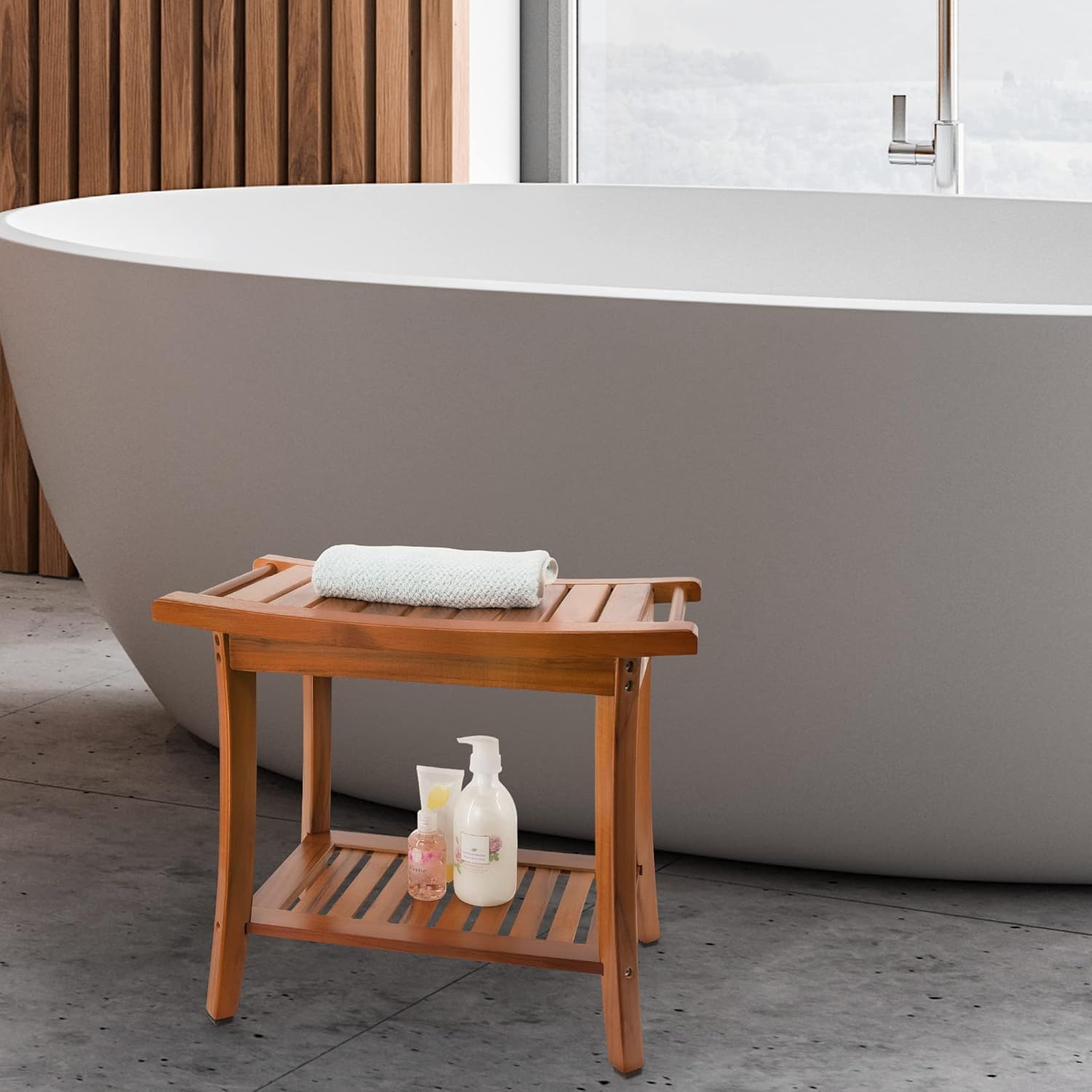 Utoplike Teak Shower Bench Seat with Handles and Wood Shower Foot Stool for Shaving Legs Portable Wooden Spa Bathing Stool
