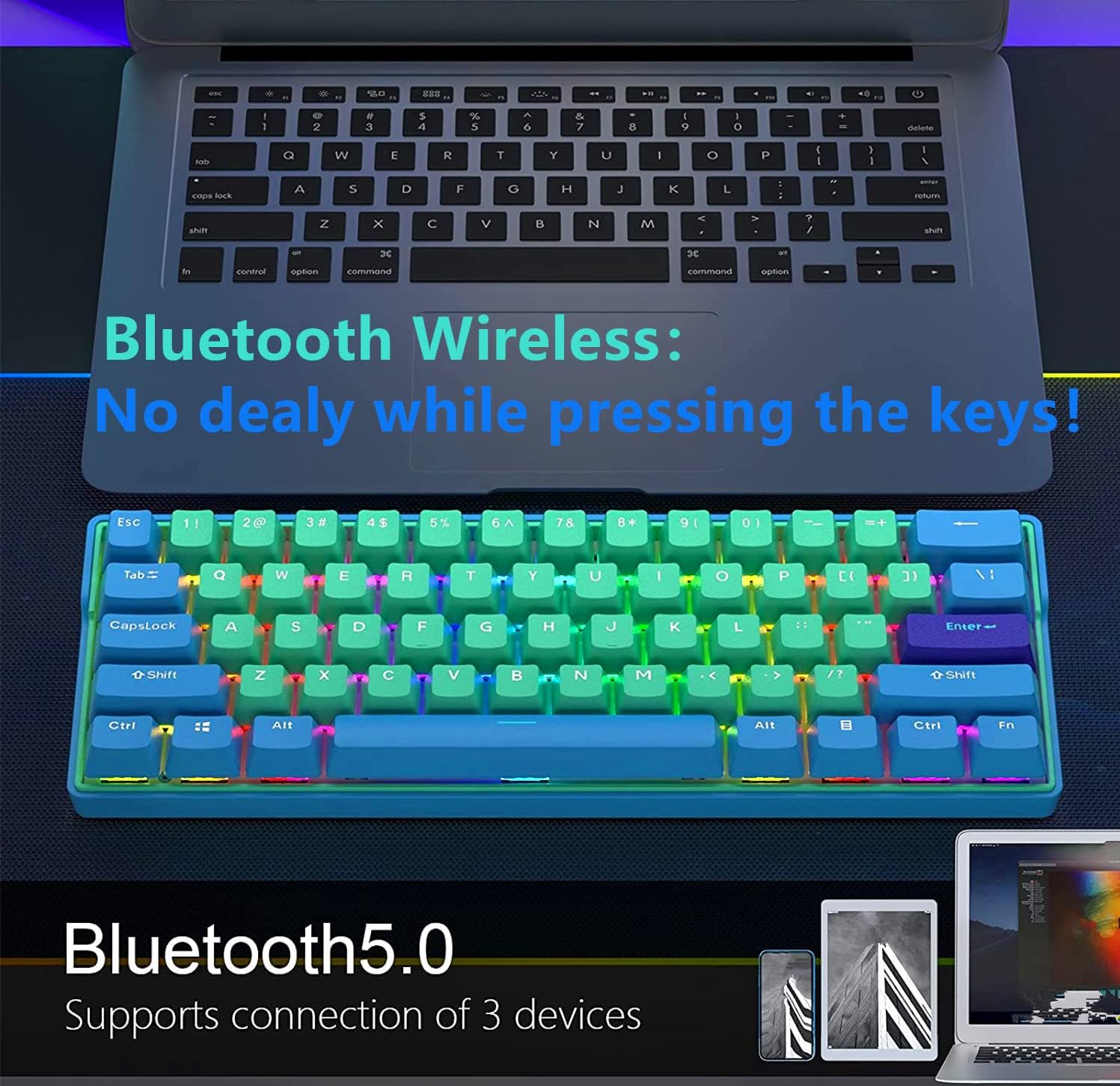 BOYI Hot swappable 60 Percent Keyboard,Cherry MX Switch Wireless 5.0/Type-C Wired Dual Mode PBT Keycaps Mini Mechanical Gaming Keyboard (Cherry Mechanical Blue Switch)