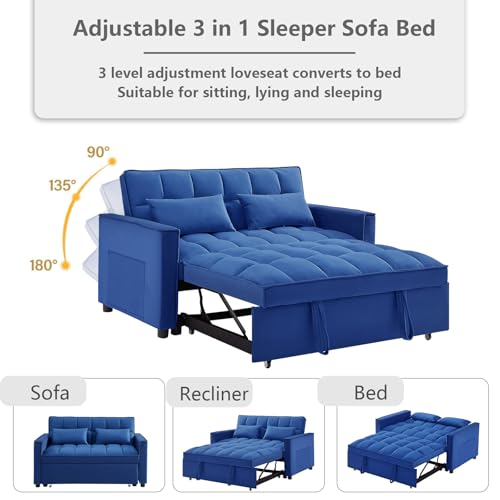 3 in 1 Convertible Sleeper Sofa Bed,Futon Loveseat Couch with Pull-Out Bed & Adjustable Backrest,Velvet Fabric Sofa with Side Pocket for Small Apartment, Living Room, Office (Black)