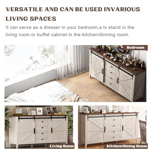 Farmhouse Dresser for Bedroom, 60" Long Dresser with 4 Drawers & Sliding Barn Door, Wide Wood Dresser, Tall TV Stand for Living Room, Buffet Cabinet with Storage Chest, White