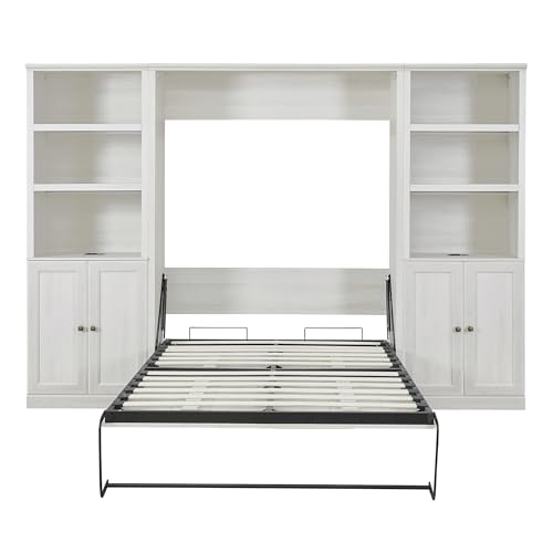 Full Size Murphy Bed with Storage Cabinet, Drawers and Shelves, Wood Vertical WallBed Foldable Platform Bedframe for Bedroom, Space Saving, White