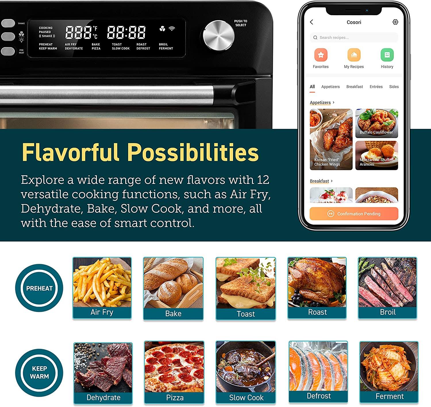 Cosori 12-in-1 Air Fryer Toaster Combo, Countertop Dehydrator for Chicken, Pizza and Cookies, Christmas Gift, Recipes u0026 Acce