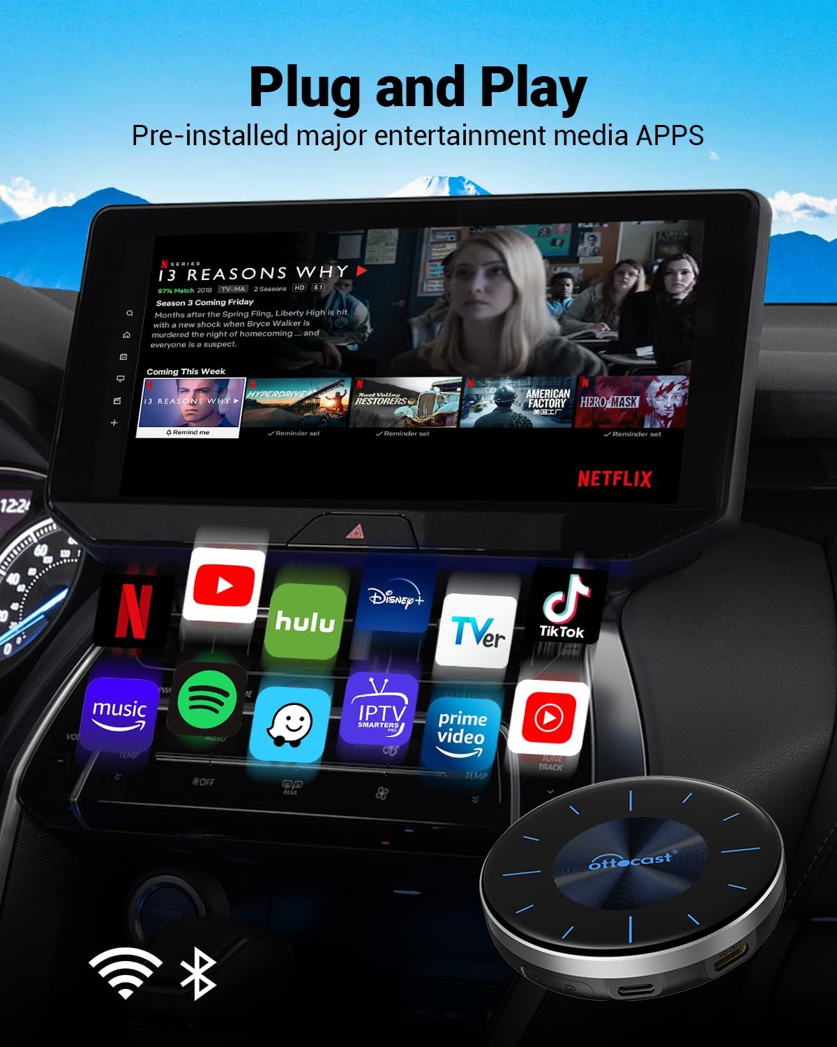 OTTOCAST P3 CarPlay AI Box with Smart Remote - 2023 Android 12.0 CarPlay Video Adapter Wireless CarPlay Android Auto Dongle HDMI Output, YouTube Netflix Disney+ Tiktok Streaming Videos