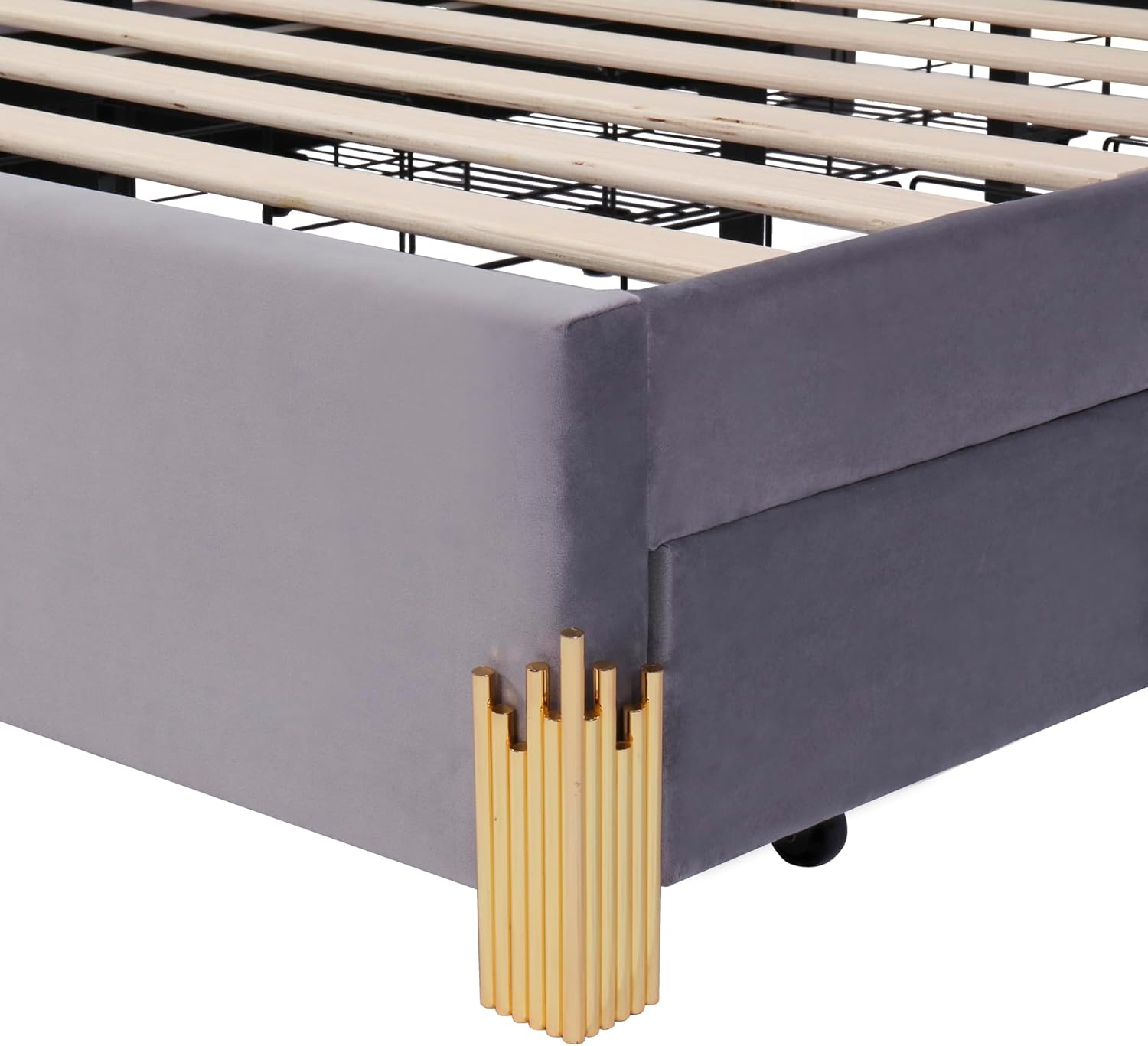 Queen Size Upholstered Platform Velvet Bed with LED Lights and 4 Drawers, Stylish Irregular Metal Bed Legs Design, Easy to Assembly, for Bedroom, Guest Room, Apartment, Gray