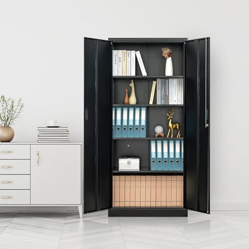 Metal Storage Cabinet, 72" Lockable Garage Tool Cabinet with Doors and Shelves, Tall Steel Cabinet for Garage, Locking Storage Cabinet for Home, Office, Garage, Gym, School（White）