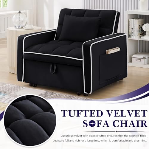 Convertible Sleeper Chair Bed, 3 in 1 Modern Velvet Pull Out Sofa Bed Chair, Small Tufted Single Sleeper Chair with Adjustable Backrest/Pillow for Living Room, Small Spaces, Apartment, Office, Beige