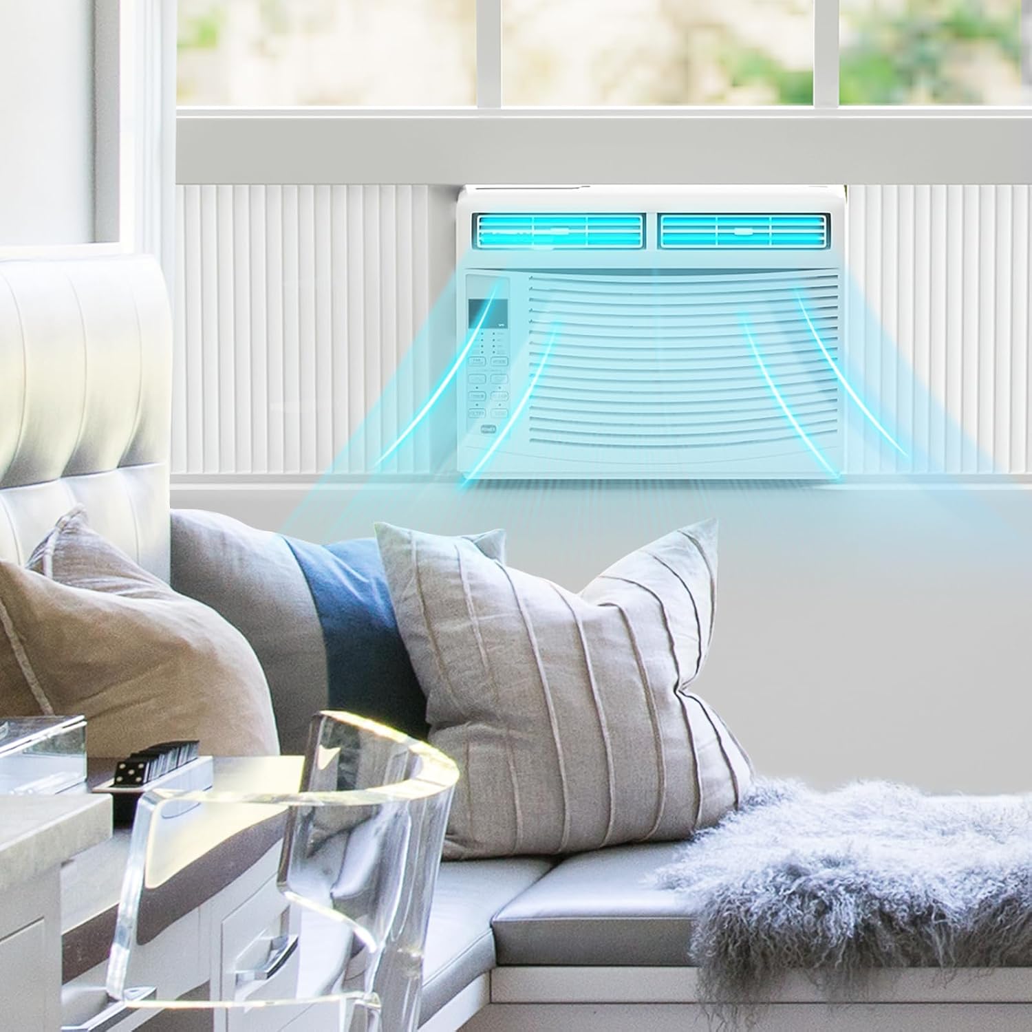 6000 BTU 115V Smart Window AC for Rooms up to 250 sq.ft. Quiet Operation Window-Mounted AC Unit with Remote Control, Dehumidifier, Washable Filter and Timer for Bedroom Living Room