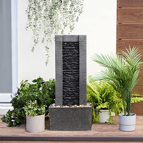 Teamson Home Demeter Waterfall Water Fountain with LED Lights and Pebble Stones for Patio Garden Backyard Decking Décor, 29.25 inch Tall, Gray