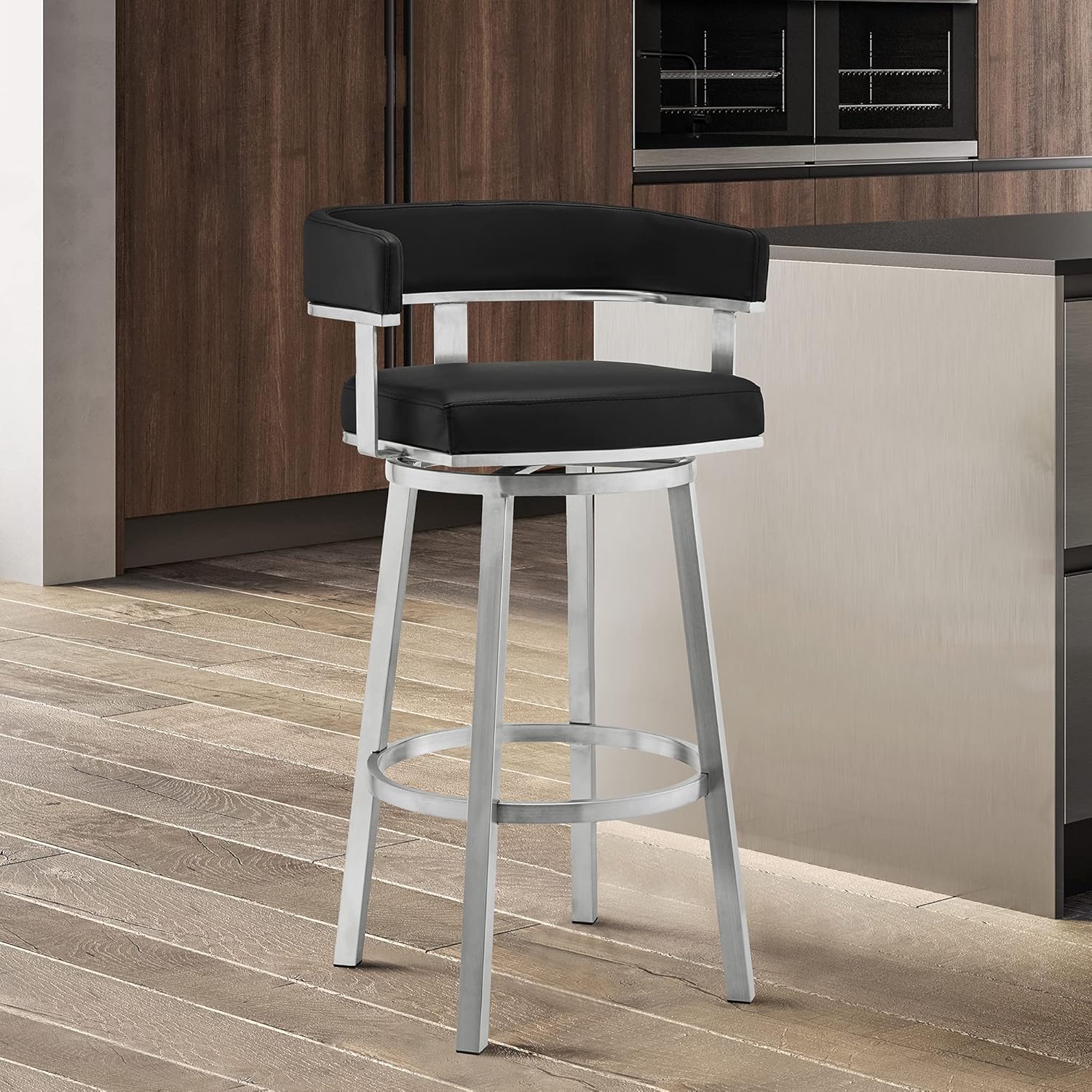 Armen Living Cohen 26" Black Faux Leather and Brushed Stainless Steel Swivel Bar Stool