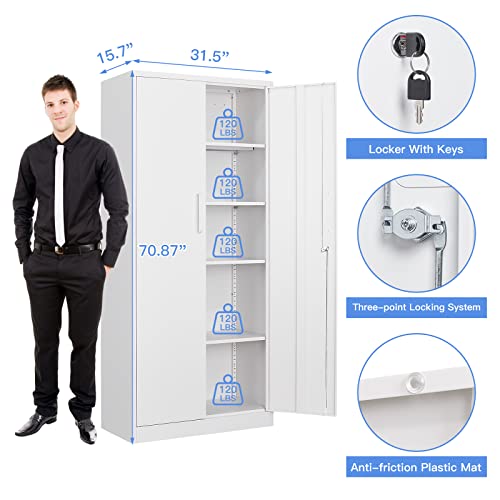 Yizosh Metal Garage Storage Cabinet with 2 Doors and 5 Adjustable Shelves - 71" Steel Lockable File Cabinet,Locking Tool Cabinets for Office,Home,Garage,Gym,School (Gray White)
