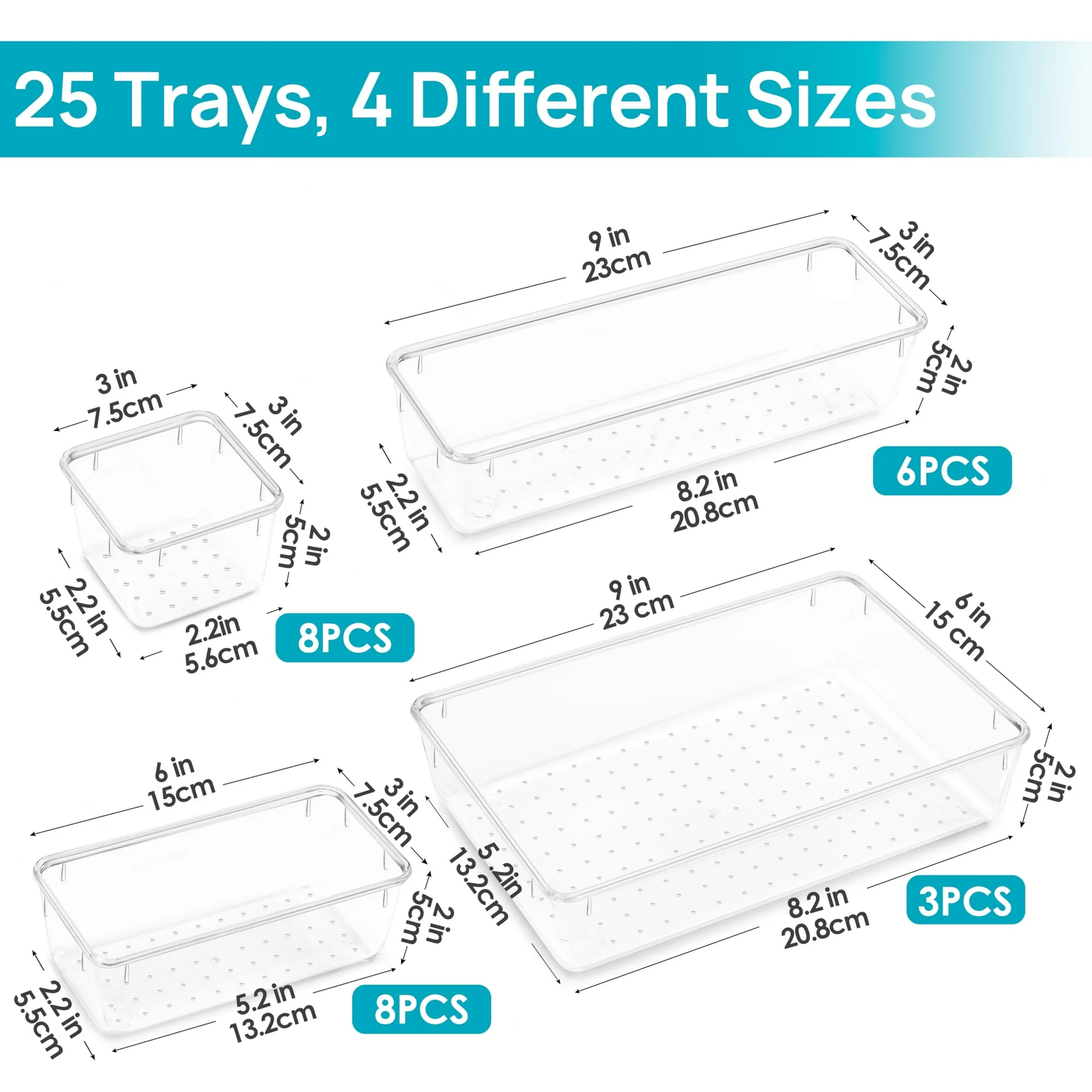 Clear Plastic Drawer Dividers Set of 25, 4-Size Versatile Organizer Trays for Bathroom Vanity Makeup Tools Office Supplies Kitchen Gadgets