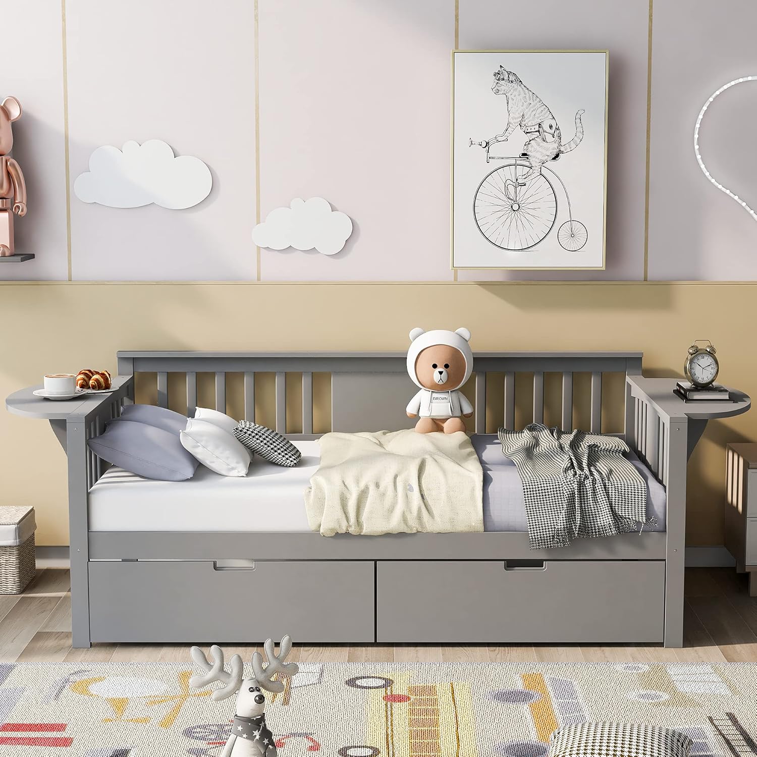 Twin Size Daybed Wood Bedframe with Two Drawers, Wooden Slats Support, Twin Sofa Bed for Living Room, Bedroom, Small Living Spaces