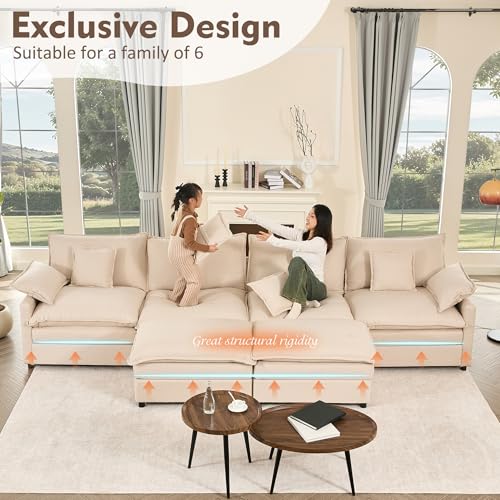 108" U Shaped Couch, Modular Sectional Sofa, 3-Seater Comfy Cloud Couch with Movable Ottoman, Deep Seat Couches for Living Room, Chenille, Black