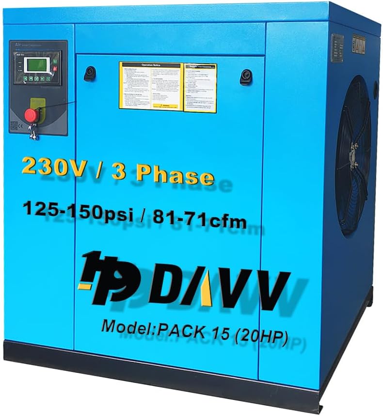 208-230Volt 3-Phase Rotary Screw Air Compressor 20HP 15KW - 71CFM @ 125PSI - NPT3/4" Base Mount Commercial Air Compressed Industrial Stationary Compressors System Spin-on Air Oil Separator - PACK15