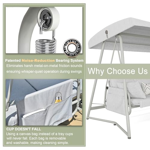 3-4 Person Oversized Outdoor Porch Swing with Adjustable Backrest Canopy,2-in-1 Swing Bed 800 lbs Capacity,Patio Swing with Removable Cushions for Yard Garden Poolside Balcony