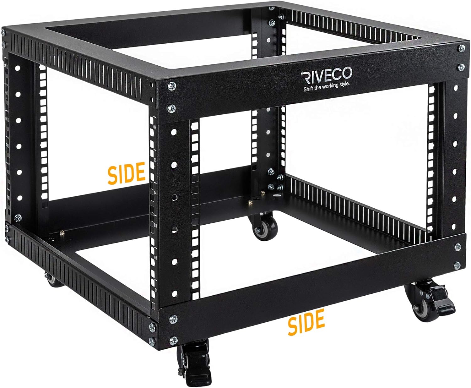 RIVECO 9U Open Frame Server Rack with Casters- Heavy Duty 4 Post Quick Assembly 19-inch, Stereo Rack Network Cabinet Black