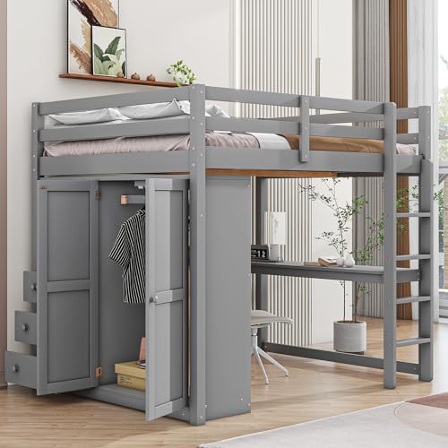 Harper & Bright Designs Full Size Loft Bed with Built-in Wardrobe, Desk, Storage Shelves and Drawers, Solid Wood Loft Bed Frame, White
