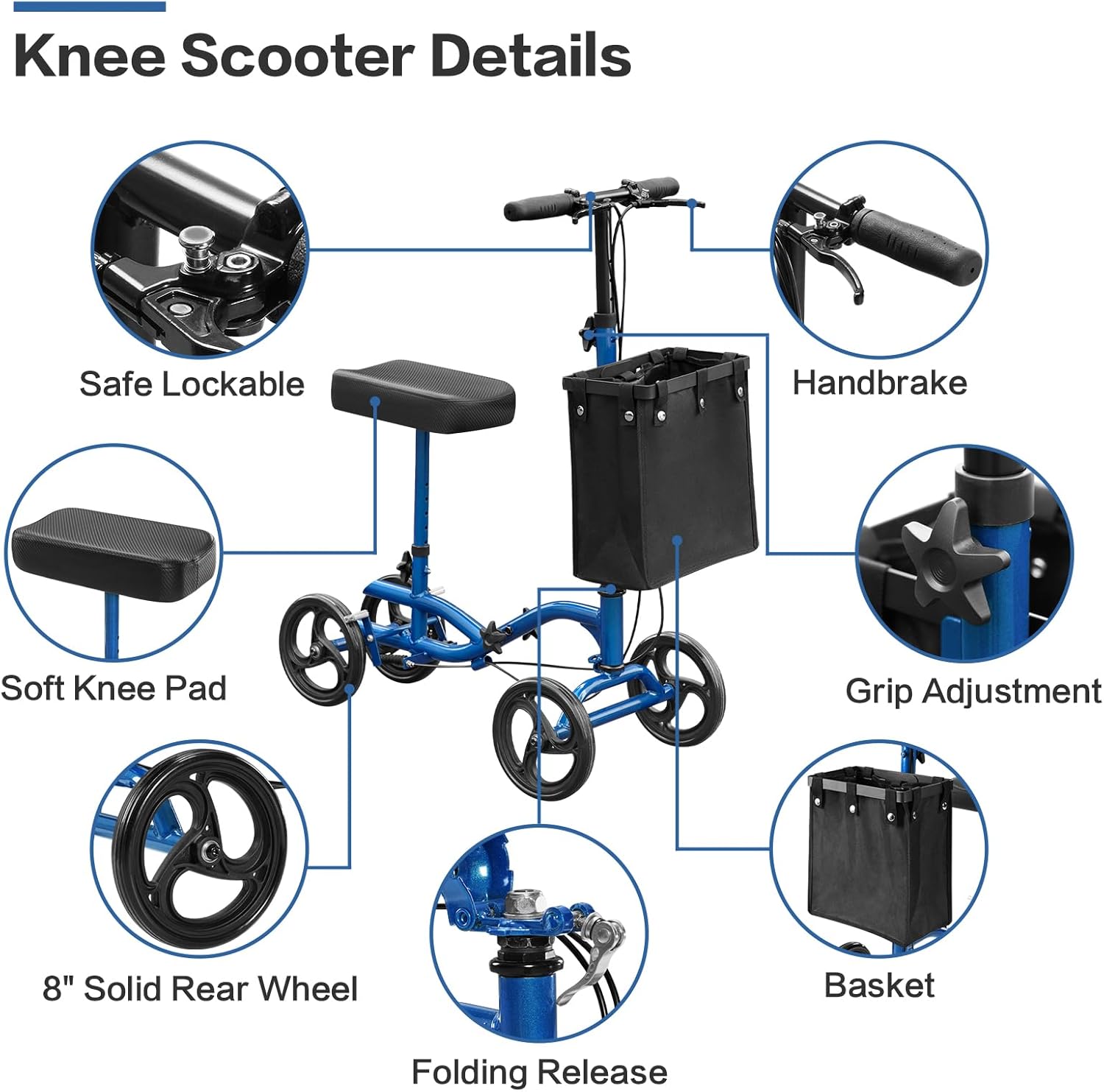 All Terrain Steerable Knee Scooter Deluxe Medical Scooter for Adults for Foot Injuries, Foldable Knee Walker Leg Crutch Alternative, 8" Solid Wheel, Blue