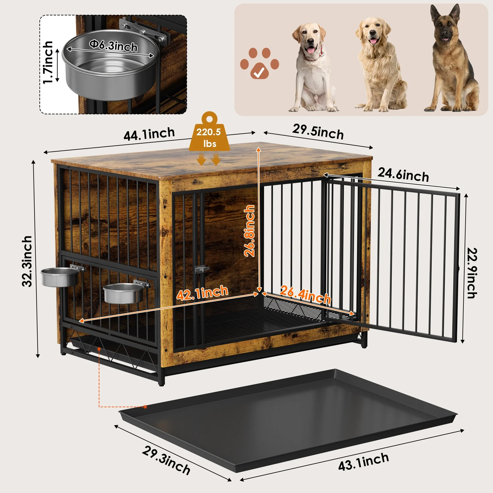Arlopu 44.1'' Furniture Style Large Dog Crate with 2 Stainless Steel Bowls, Wooden Dog Cage End Table Dog House Heavy Duty Indoor Kennel for Small, Medium, Large Dogs