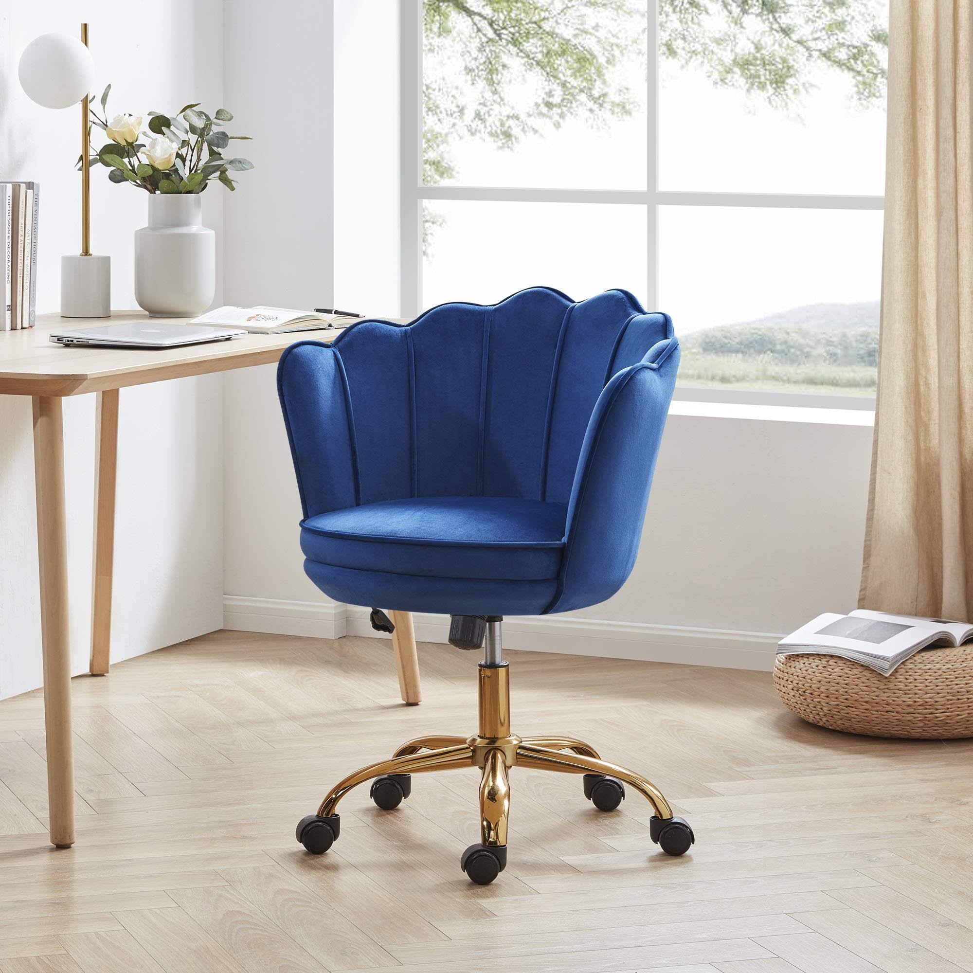 Blue Kaylee Office Chair Upholstered Velvet Seashell Swivel Desk Chair