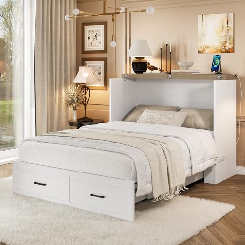 Bellemave Queen Murphy Bed, Cabinet Bed with Charging Station and Storage, Farmhouse Murphy Cabinet with Foldable Panel, Noisy Free, for Guest Bedroom, Living Room, Office, Rustic Gray