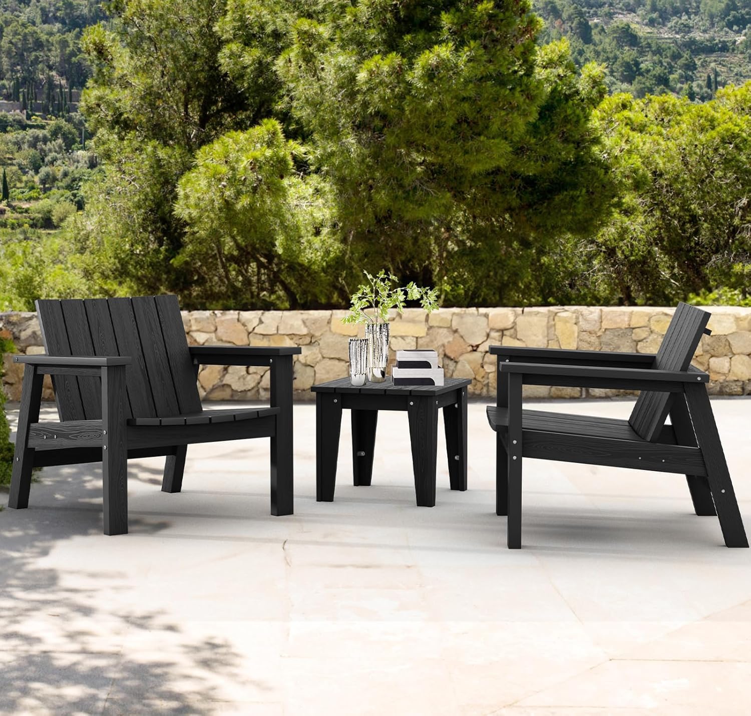 SERWALL 3 Piece Patio Bistro Set HDPE Adirondack Chair Sets with Side Table, includes Adirondack Chairs Set of 2 and 1 Adirondack Table for Patio, Lawn, Backyard- Black