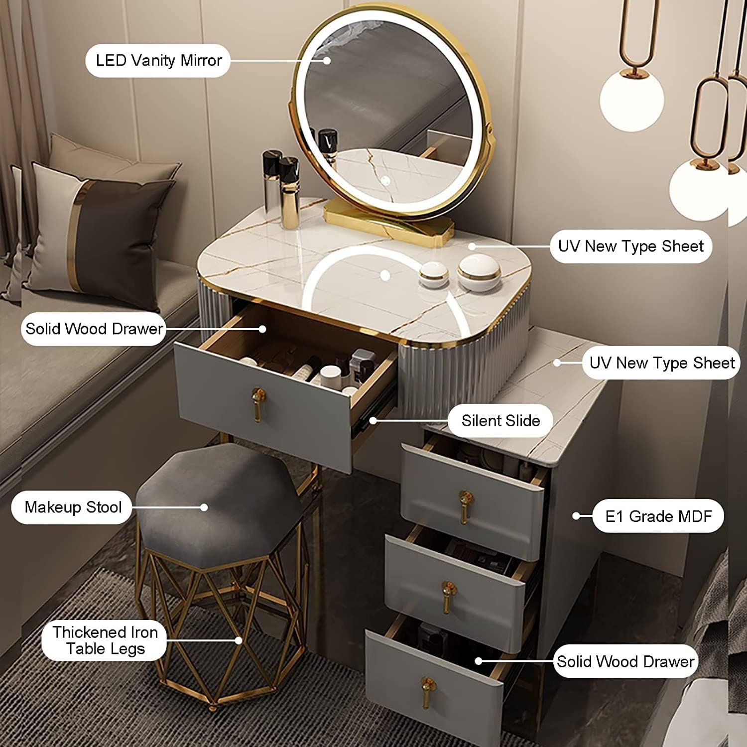 Vanity Desk with Lighted Mirror Fashion Dressing Table Set with Adjustable Cabinet Vanity Table Slate Tabletop Makeup Table ()