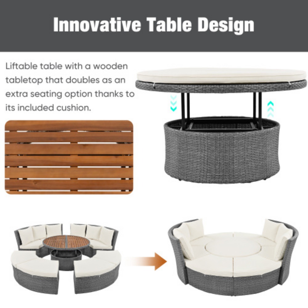 TOPMAX Patio 5-Piece Round Rattan Sectional Sofa Set All-Weather PE Wicker Sunbed Daybed with Round Liftable Table and Washable Cushions for Outdoor Backyard Poolside Beige + Rattan + Foam