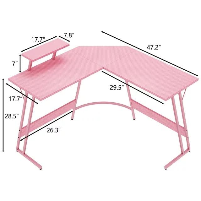 L Shaped Gaming Desk, 47 Inch Computer Corner Table with Large Monitor Stand & Carbon Fiber Surface for Home Office Study Writing Workstation, Pink