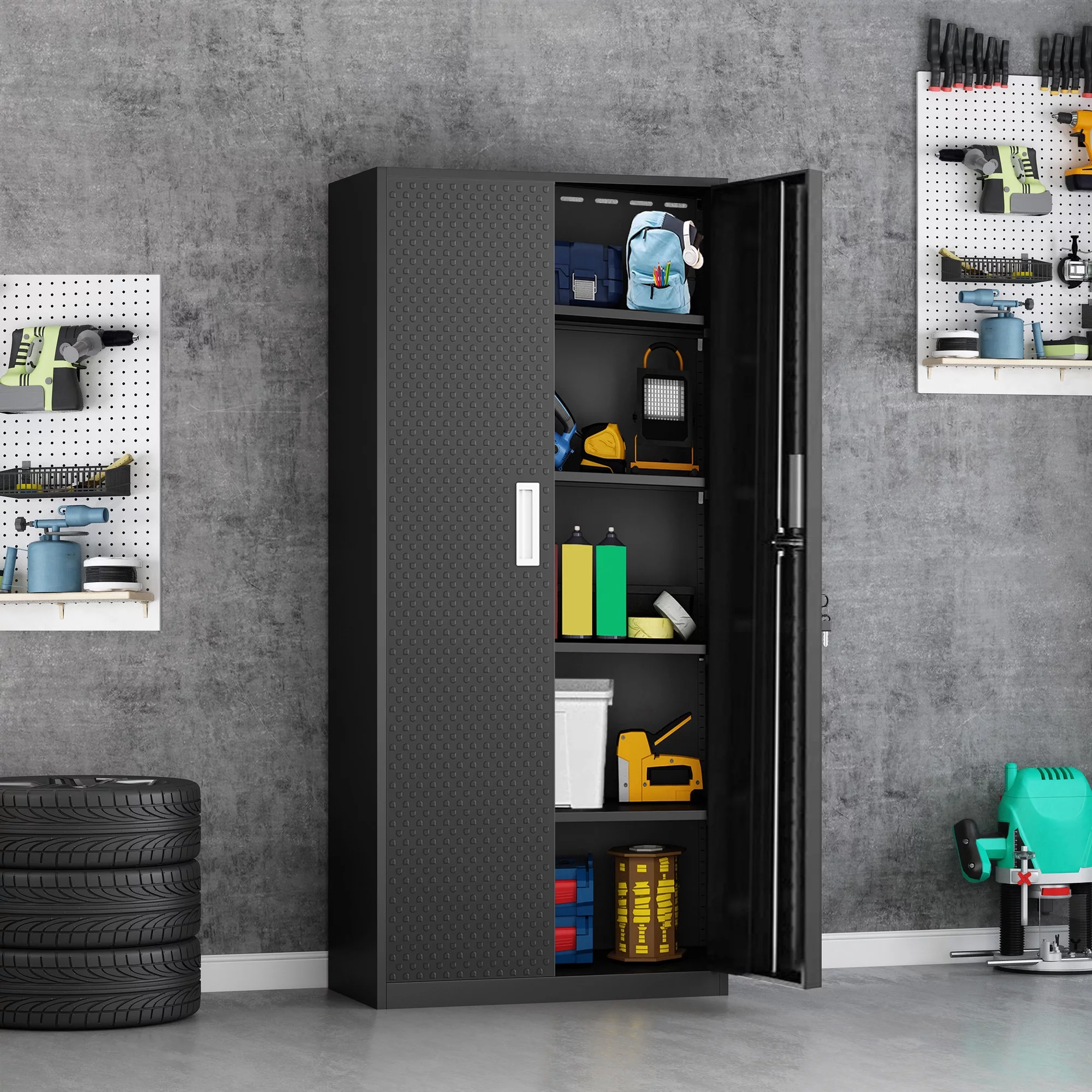 Tall Metal Storage Garage Cabinets with Locking Doors and 4 Adjustable Shelves, Double Handles, Steel Storage Cabinet for Garage, Office, Bedroom,Classroom, Employees,School,GymBlack