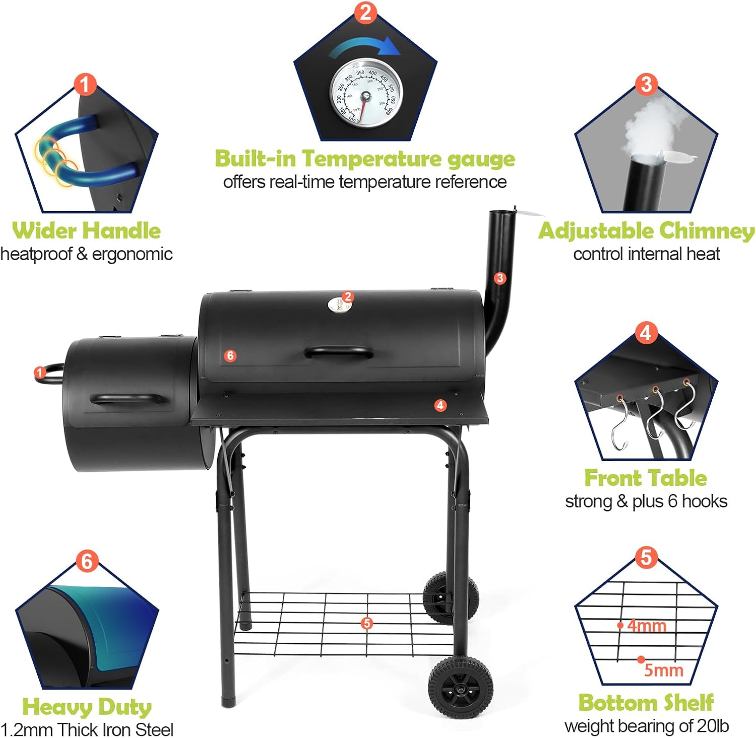 HaSteeL Charcoal Grill with Offset Smoker, Outdoor Barrel BBQ Grill, Camping Barbecue Grill for Patio Backyard Garden Party Picnic, Large 420.SQ.IN Cooking Area, 2 Screwdrivers & 6 Hooks - Black