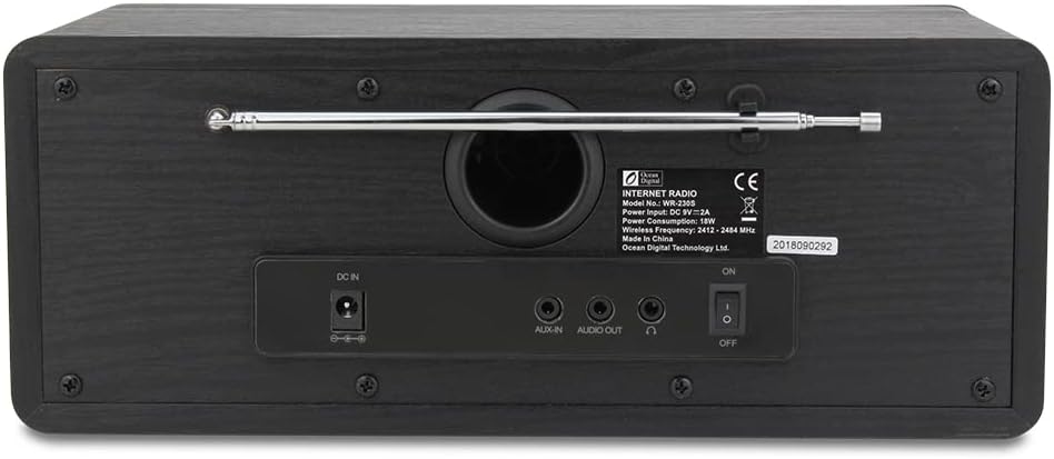 Ocean Digital WiFi/FM Internet Radio WR230SF Alarm Clock Radio with Bluetooth Receiver, Stereo Speakers, 30,000+ Stations, 2.4" Color Display- Black in Wooden Case
