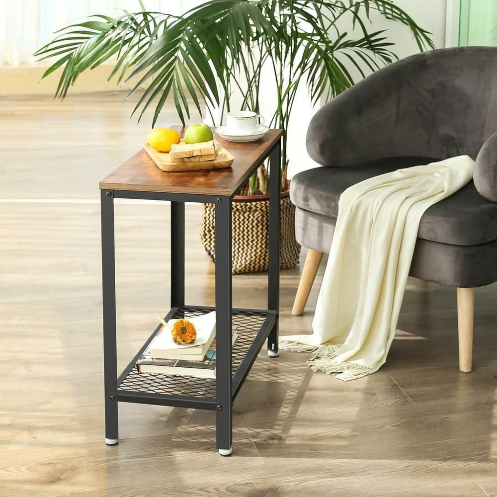 Industrial Rustic Brown Side Table with Mesh Shelf Reclaimed Wood Natural Finish