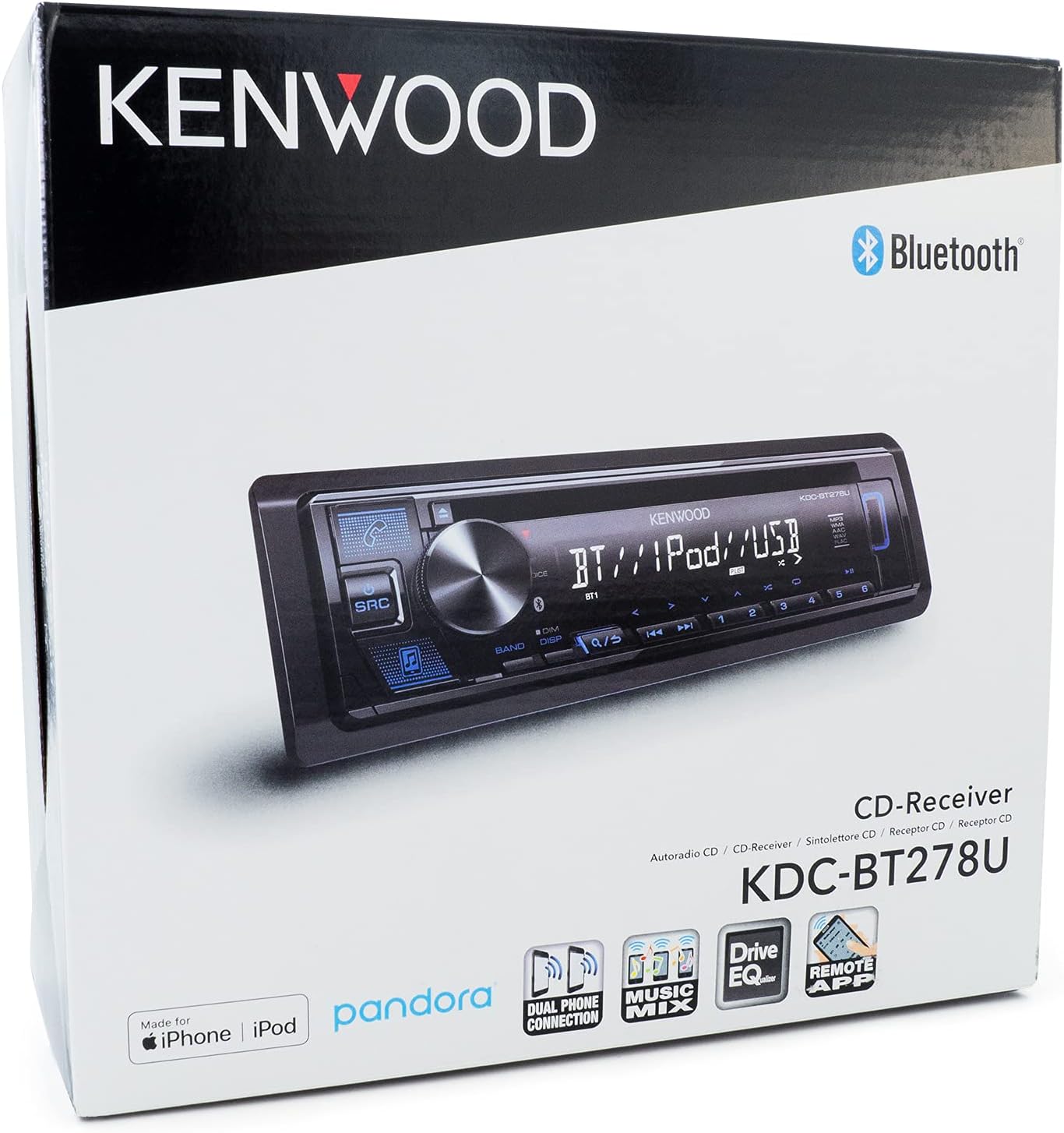 KENWOOD KDC-BT278U CD Car Stereo w/ Bluetooth, Single DIN, App Control & AM/FM Radio, USB Port, AUX Input