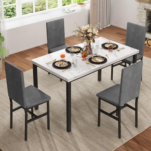 Hooseng Dining Table Set for 4- Space Saving Kitchen Table and Chairs for 4, Modern Style Faux Marble Tabletop & 4 PU Leather Chairs, Perfect for Dining Room,Breakfast Corner Small Spaces,Brown&White