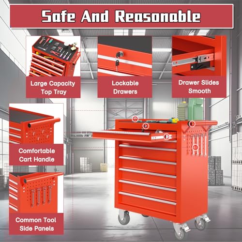 7-Drawer Meatl Rolling Tool Chest with Wheels and Locking Tool Chest, Large Storage Capacity, Portable Metal Tool Box for Warehouse,Garage, Repair Shop, Workshop (Black)