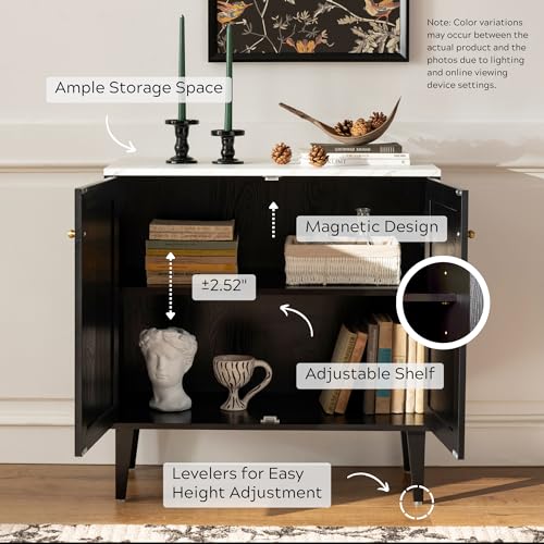 Black Storage Cabinet, Sideboard Buffet Cabinet Modern Accent Cabinet with Faux Marble Top & Adjustable Shelves, Wooden Credenza, Console Table Entryway Cabinet for Living Room