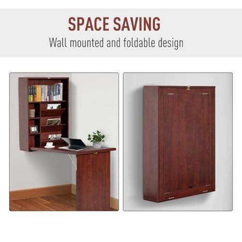 Wall Mounted Desk Cabinet - Fold Out Convertible Desk - Folding Work Table - Floating Desk with Storage Shelves - Multifunctional Writing Desk - Space Saving and Water Resistant - Mahogany