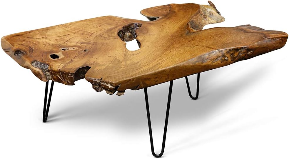 StyleCraft Badang Carving Natural Wood Edge Teak Contemporary Coffee Cocktail Table with Clear Lacquer Finish and Metal Hairpin Legs for Living Room