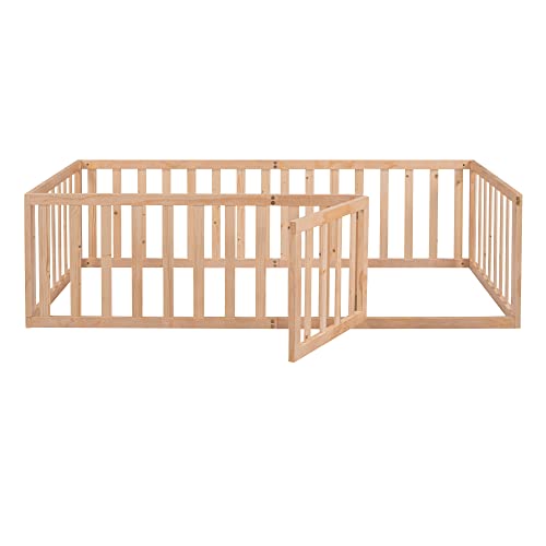 Twin Size Floor Bed Frame Compatible with Toddler Montessori Floor Beds with Fence Railings Compatible with, Twin Size Playhouse Bed Compatible with Boys Girls, Natural,bed frame