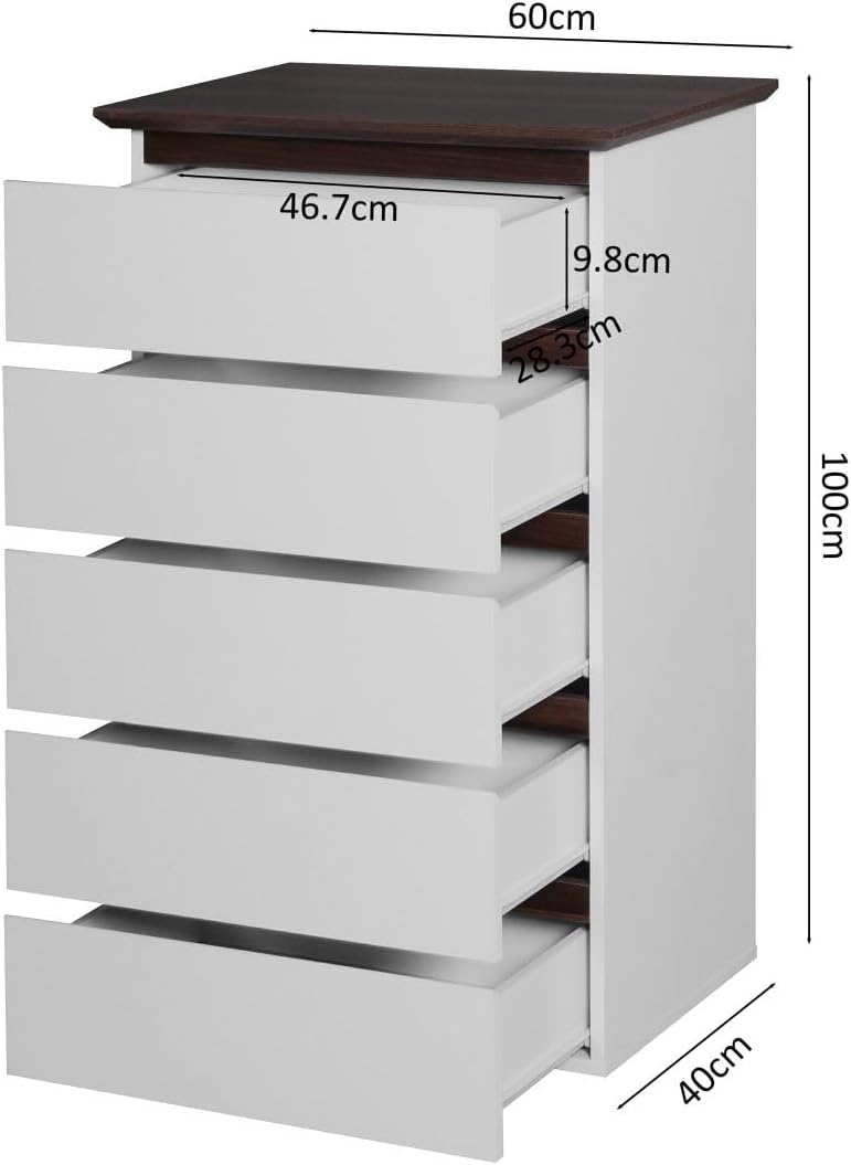 5 Drawer Dresser with Wood Color Top for Bedroom for Kids Bedroom, Living Room,Hallway, White