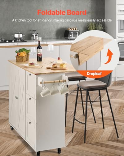 VEVOR Kitchen Island Cart with Solid Wood Top, 35.4" Width Mobile Carts with Storage Cabinet, Rolling Kitchen Table with Spice Rack, Towel Rack, and Drawer, Portable Islands on Wheels, White