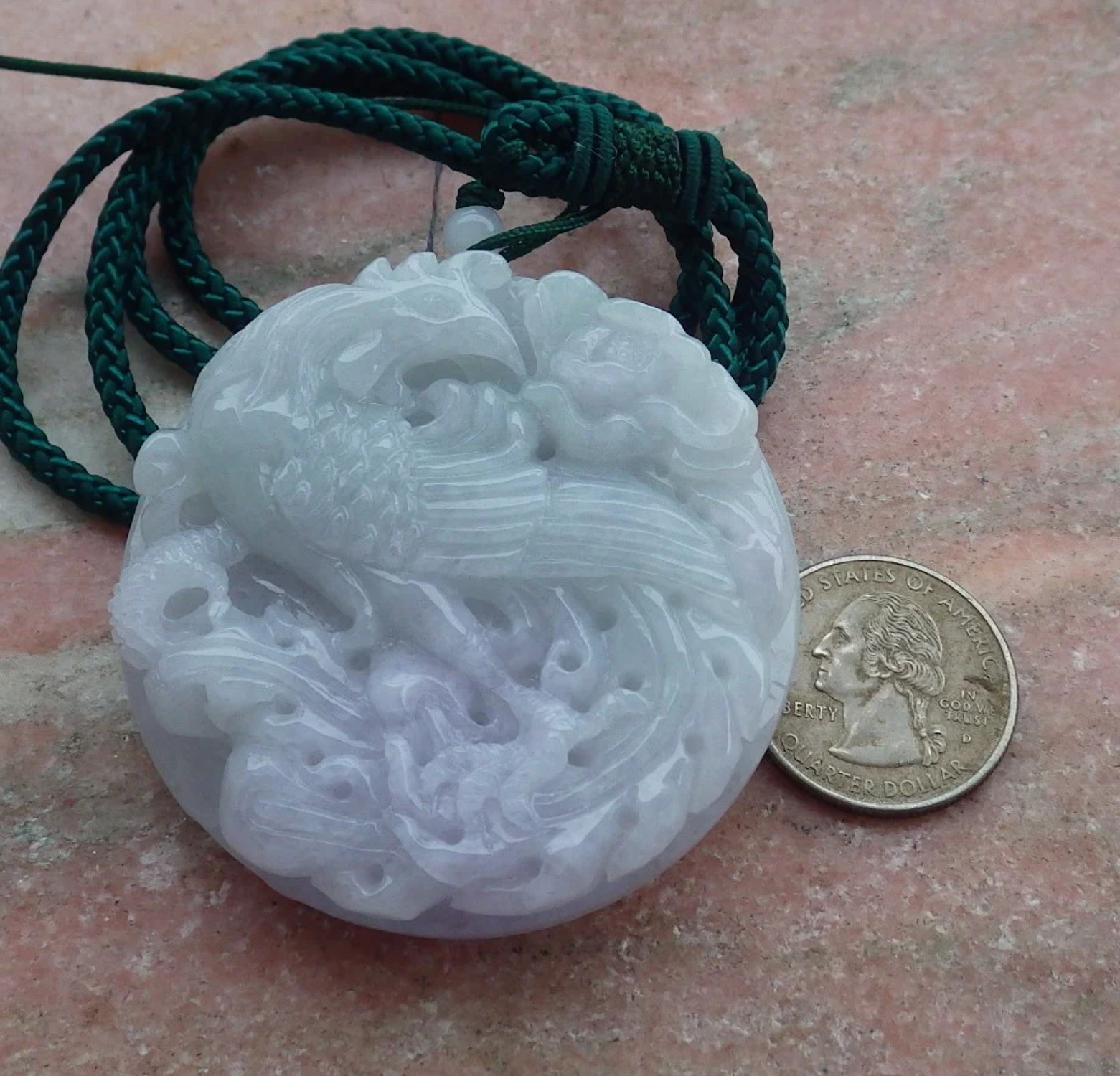 Certified Hand Carved Two Side Green Lavender Natural Myanmar Burma A Jade jadeite Circle Dragon Phoenix Pendant Necklace
