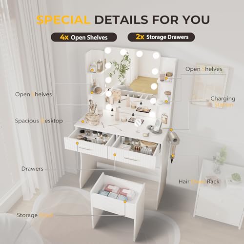 Vanity Desk with LED Lighted Mirror, Makeup Vanity with 3 Adjustable Lights, 2 Large Drawers and 4 Open Shelves, White Vanity with Storage Stool for Bedroom
