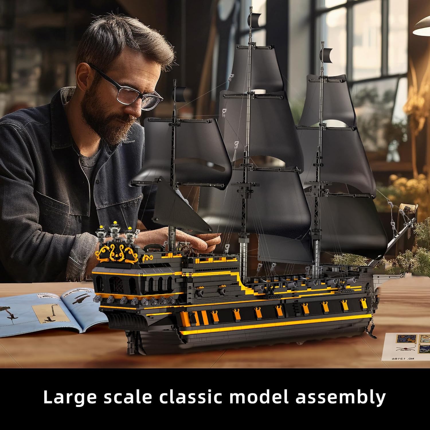Mould King 13186 Pirates Ship Model Building Blocks, MOC Black Pearl Sailboat Model Construction Set to Build, Boat Model Kits Assembly Toy for Great Gift and Collections (4794 Pieces)
