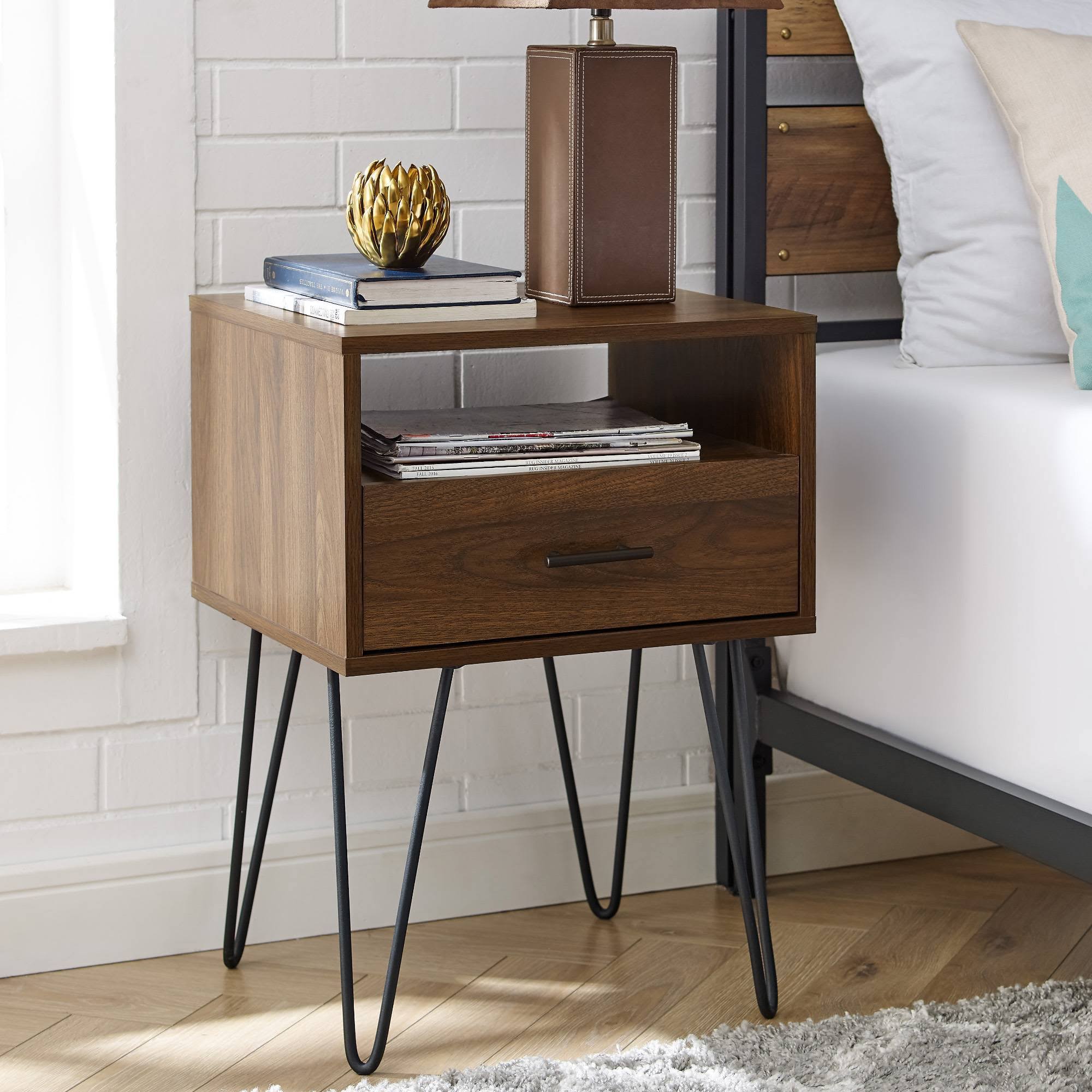 Amal Modern Single Drawer Hairpin Leg Side Table Dark Walnut - Saracina Home