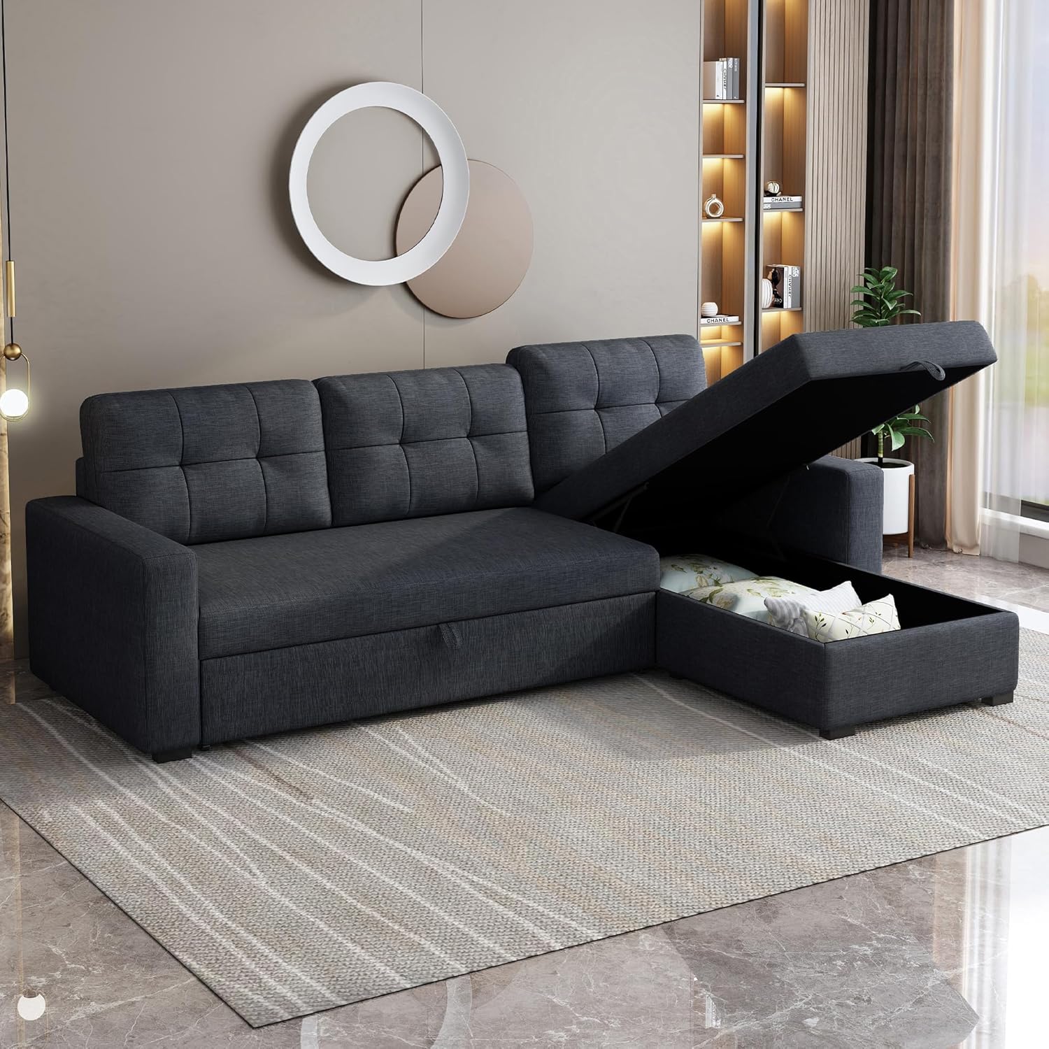 Sleeper Sofa Couch with Pull Out Bed,L Shaped Sleeper Sofa with Storage,Sectional Sleeper Couch,Convertible Sleeper Sectional Sofa W/Chaise and 3 Back Cushions,for Living Room,Office,Dark Grey