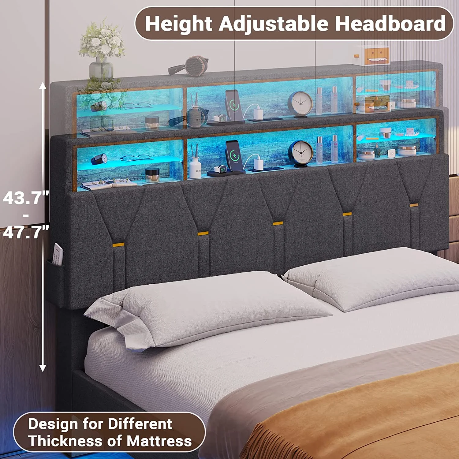 DICTAC Upholstered Platform Bed Frame with Charging Station and LED Bookcase Headboard, Queen Size, Dark Grey