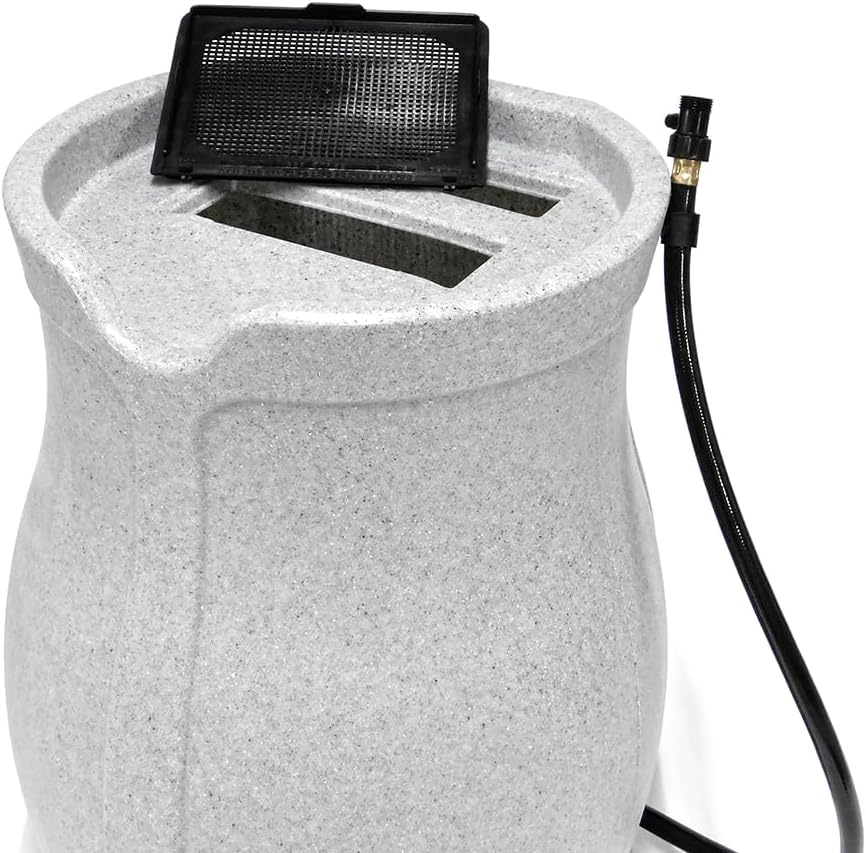 FCMP Outdoor Catalina 45 Gallon Rain Water Barrel Catcher System with Flat Back for Watering Outdoor Plants, Gardens, and Landscapes, Light Granite